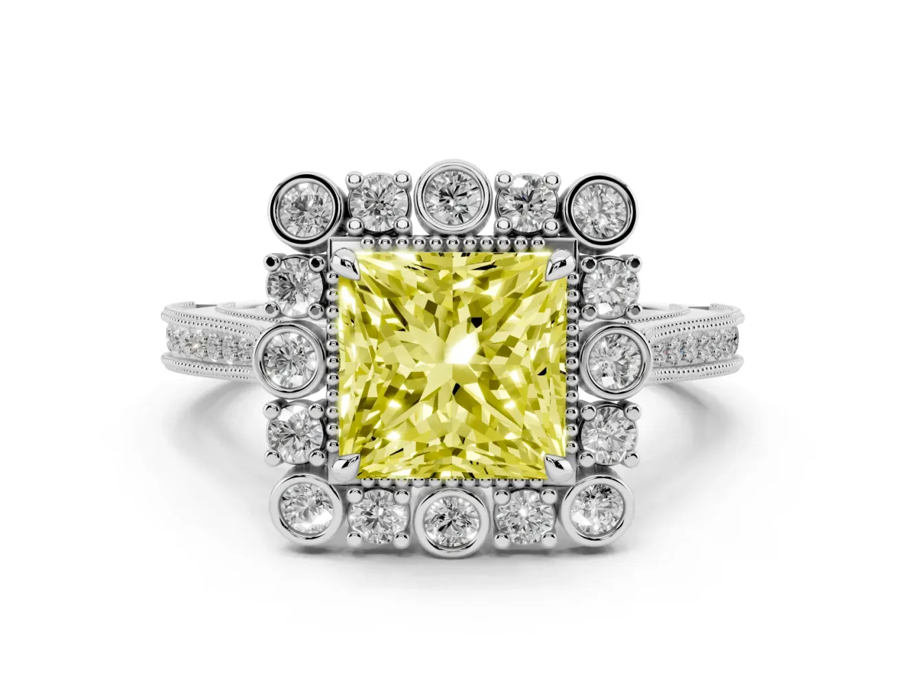 Fancy Yellow Princess Cut Diamond Halo Milgrain Pavé Ring Set in Silver with Prong Setting