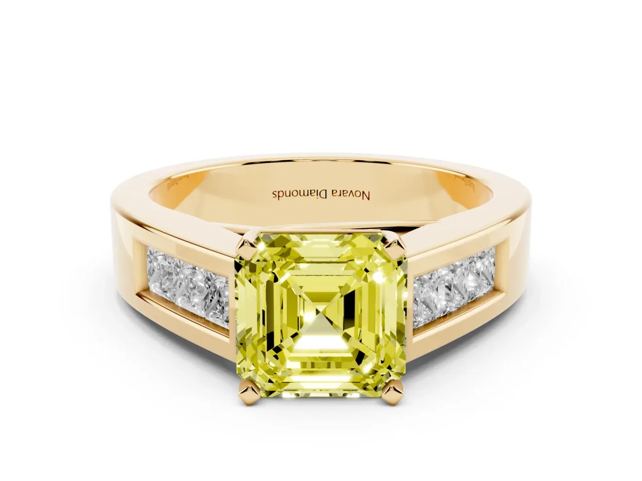 Fancy Yellow Asscher Cut Diamond Solitaire Ring Set in Yellow gold with Channel-Set Accent Stones and Prong Setting