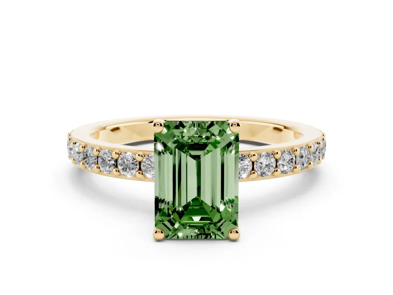 Emerald Cut Pavé Solitaire Engagement Ring Setting for a Fancy Green Lab-Grown Diamond | Single Row Band | Yellow Gold