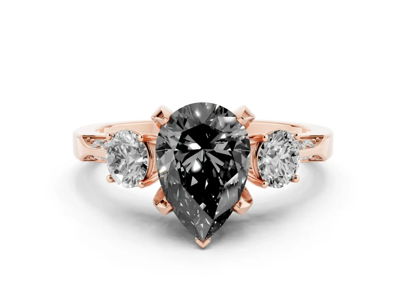 Pear-Shaped Hidden Halo Three Stone Engagement Ring Setting for a Black Center | Rose Gold