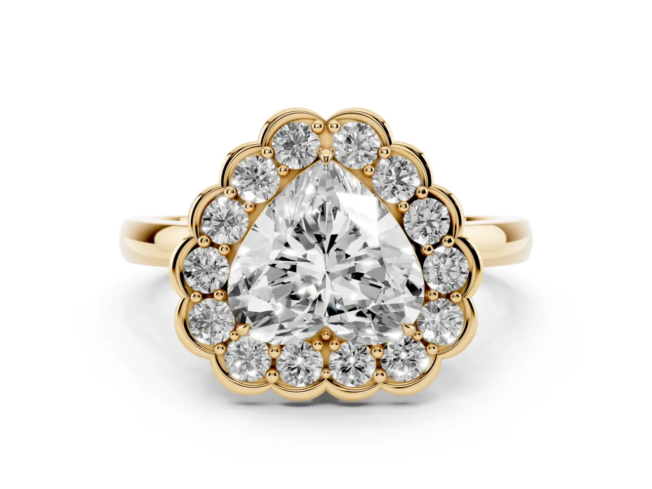 Heart-Shaped Scalloped Cluster Halo Engagement Ring Setting | Plain Band | Yellow Gold