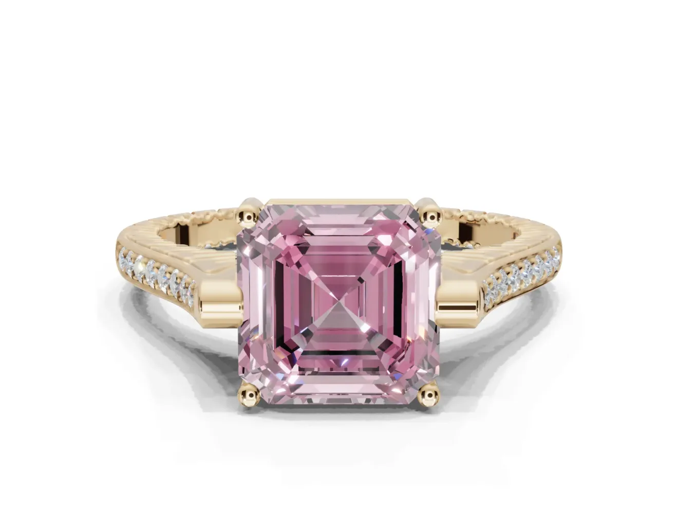 Asscher Cut Vintage Cathedral Engagement Ring Setting for a Fancy Pink Lab-Grown Diamond | Carved Band | Yellow Gold