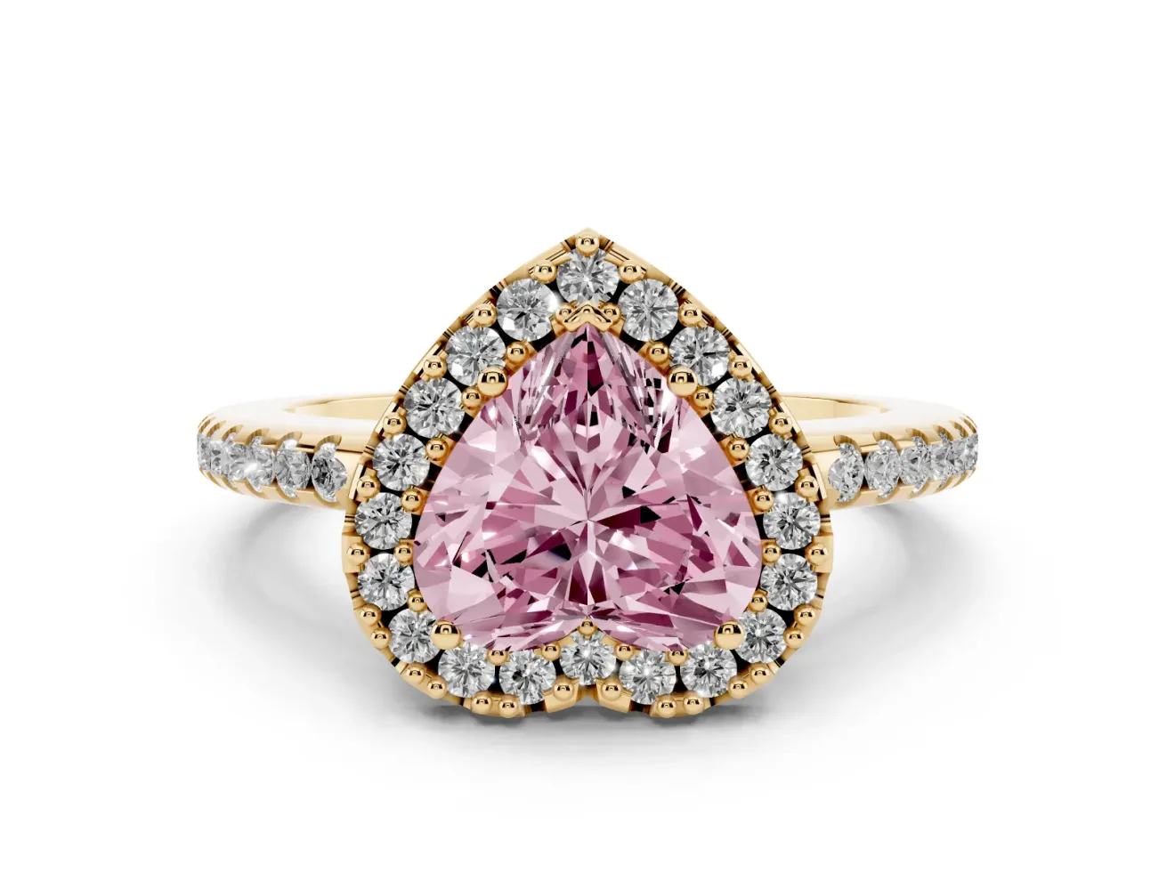 Heart-Shaped Pave Halo Engagement Ring Setting for a Fancy Pink Lab-Grown Diamond | Pave Band | Yellow Gold