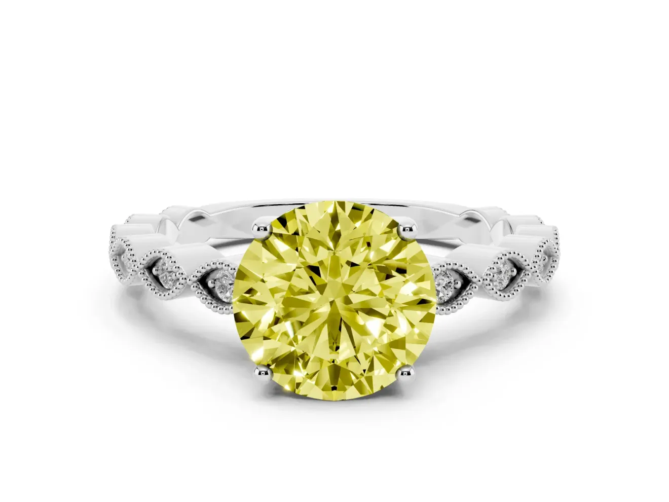 Fancy Yellow Round Cut Diamond Solitaire Ring Set in White gold with Infinity Twist Pavé Band