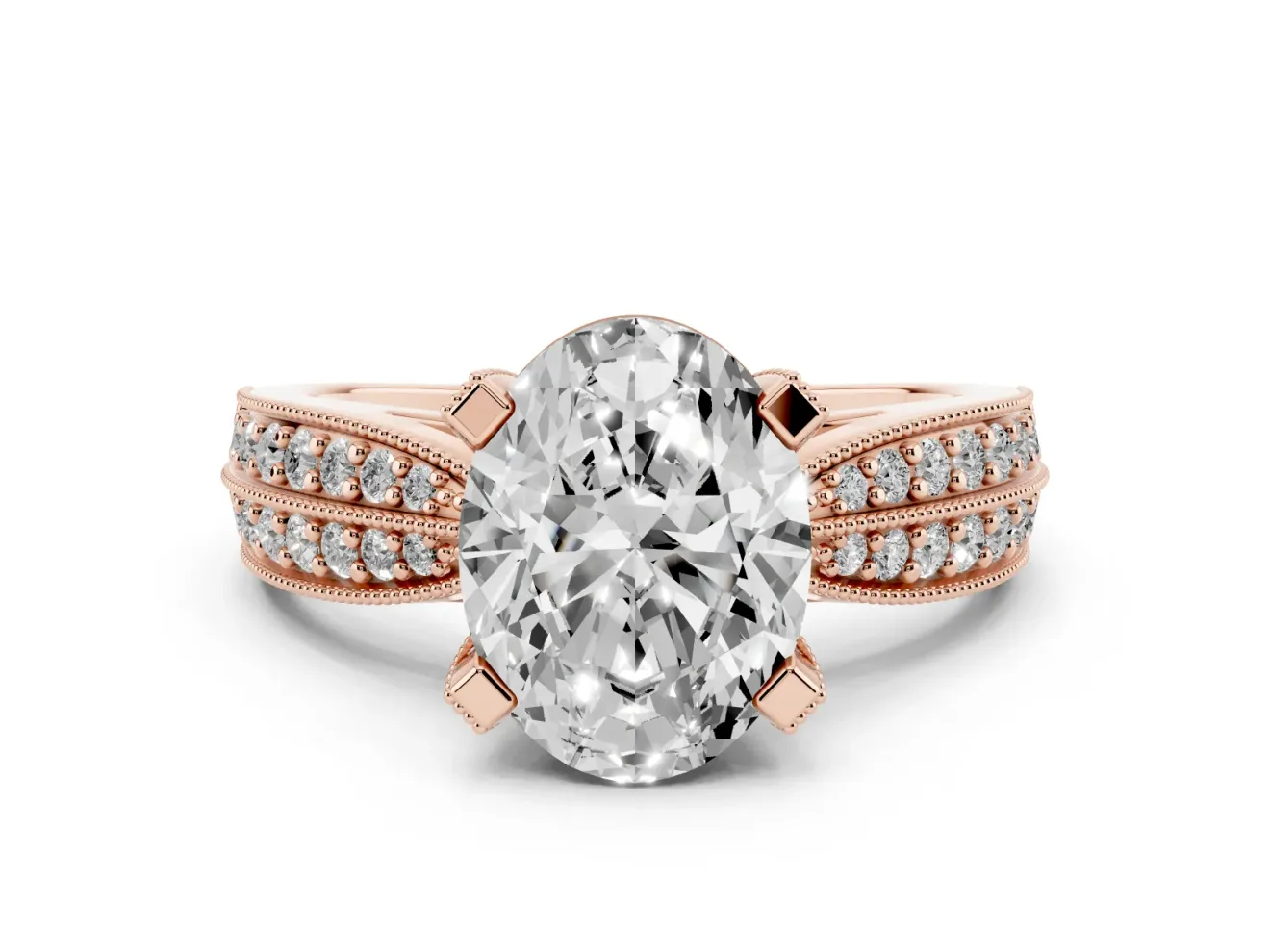 Oval Cut Diamond Solitaire Ring Set in Rose gold with Milgrain Double Row Round Pavé Band