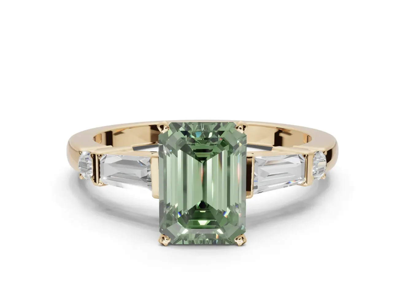 Emerald Cut Tapered Baguette Engagement Ring Setting for a Fancy Green Lab-Grown Diamond | Bar Set Sides | Yellow Gold