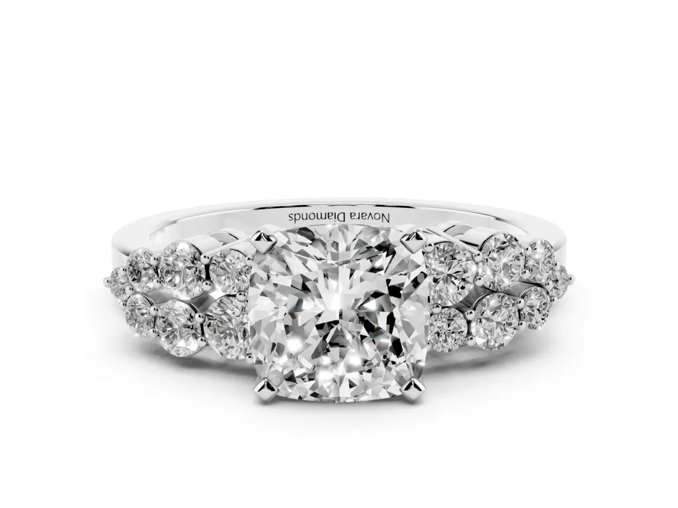Cushion Cut Diamond Cluster Engagement Ring Set in White gold with Pavé Band and Prong Setting