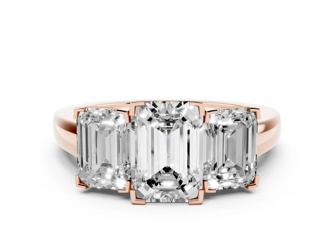 Emerald Cut Three Stone Engagement Ring Setting | Large Side Stones | Rose Gold