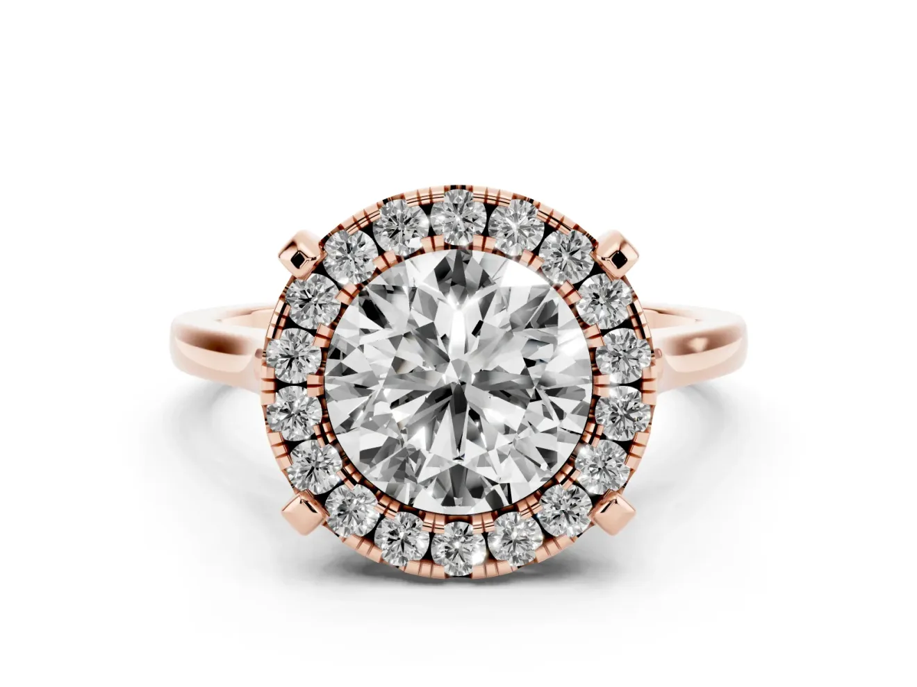 Round Claw Corner Halo Engagement Ring Setting | Slim Plain Band | Rose Gold