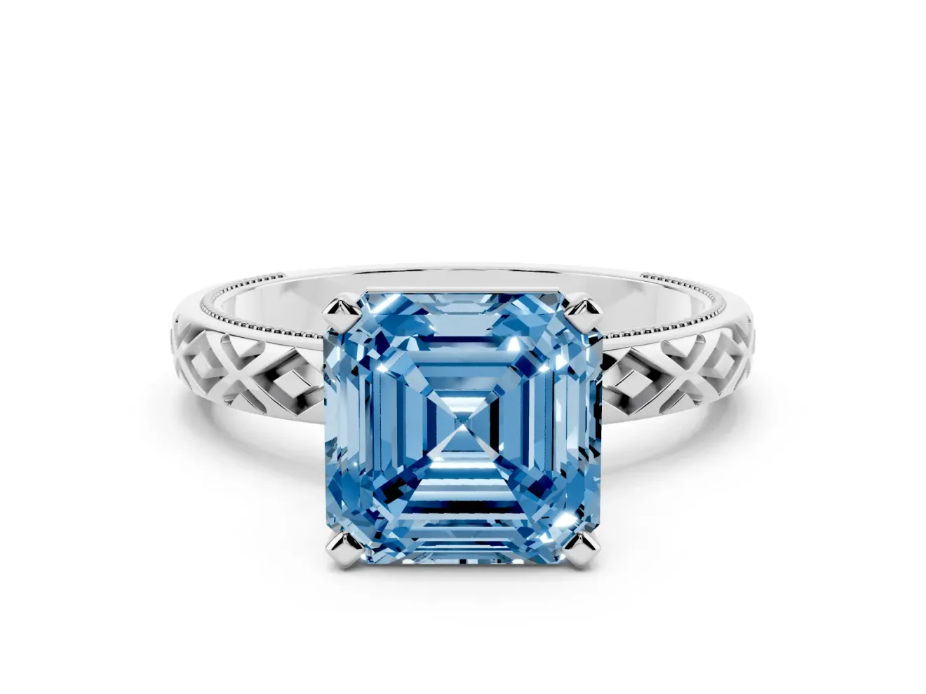 Fancy Blue Asscher Cut Diamond Solitaire Ring Set in Silver with Milgrain and Black Enamel X Pattern Band