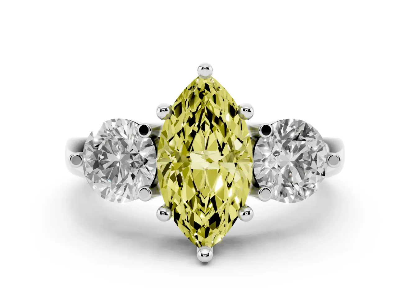 Fancy Yellow Marquise Cut Diamond Three-Stone Ring Set in Silver with Prong Setting and Classic Band