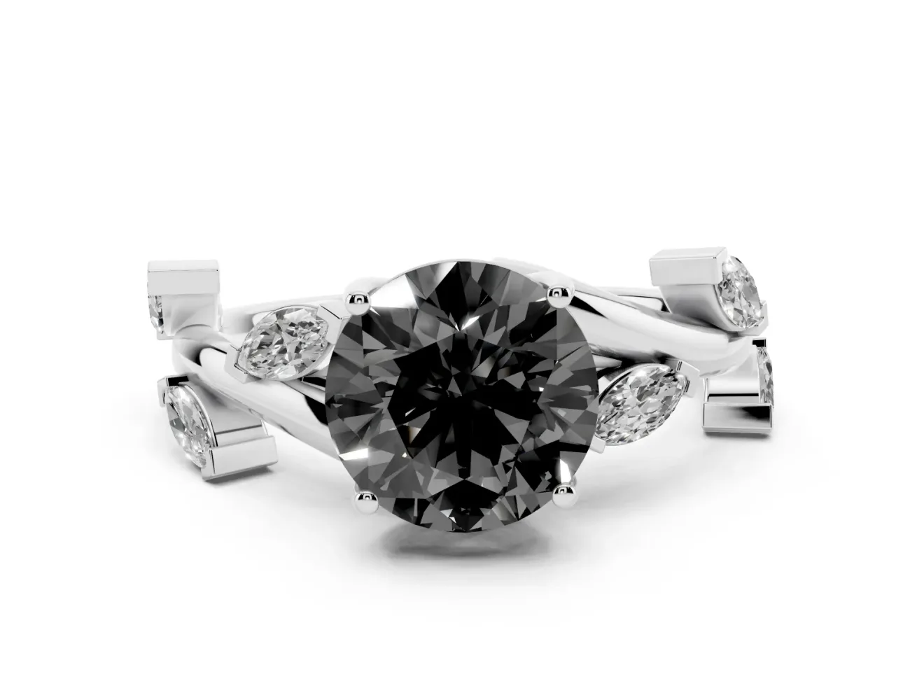 Round Twisted Vine Engagement Ring Setting for a Black Center | Marquise Leaves | Sterling Silver