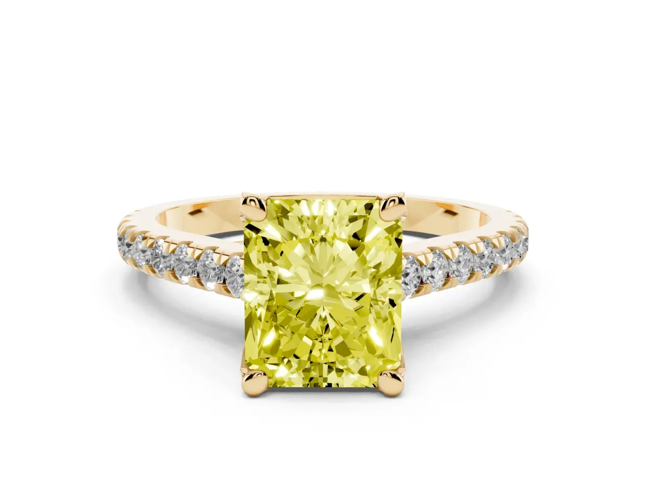 Radiant Cut Hidden Halo Pave Engagement Ring Setting for a Fancy Yellow Lab-Grown Diamond | Claw Prongs | Yellow Gold