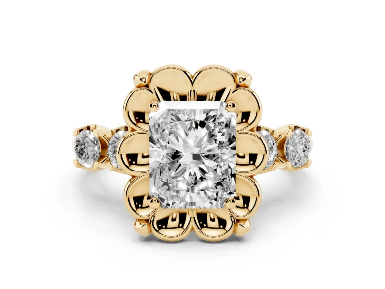 Radiant Cut Diamond Floral Halo Ring Set in Yellow gold with Shared Prong Band