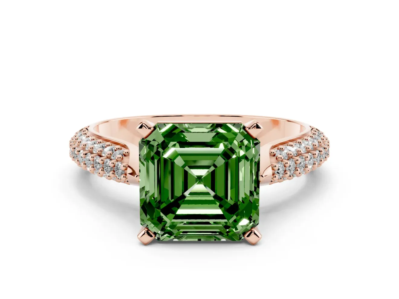 Asscher Cut Pavé Solitaire Engagement Ring Setting for a Fancy Green Lab-Grown Diamond | Multi-Row Shoulders | Rose Gold