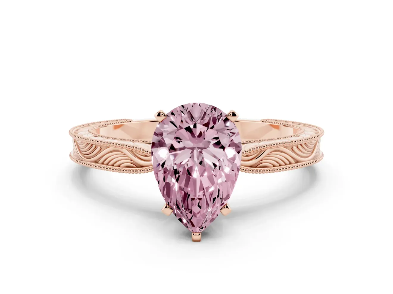 Pear-Shaped Engraved Engagement Ring Setting for a Fancy Pink Lab-Grown Diamond | Rose Gold