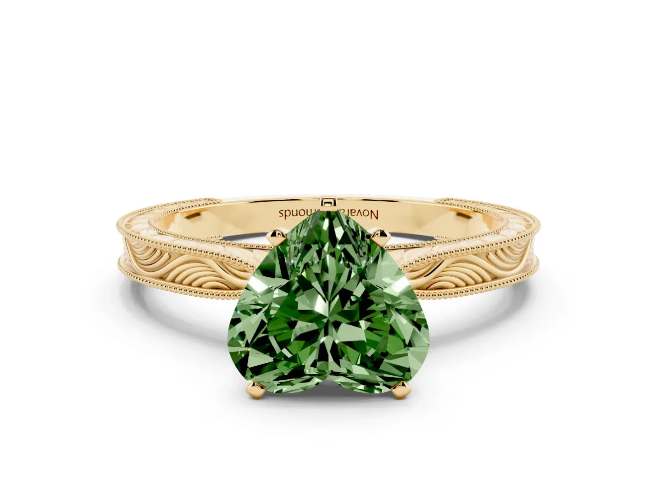 Heart-Shaped Engraved Engagement Ring Setting for a Fancy Green Lab-Grown Diamond | Yellow Gold