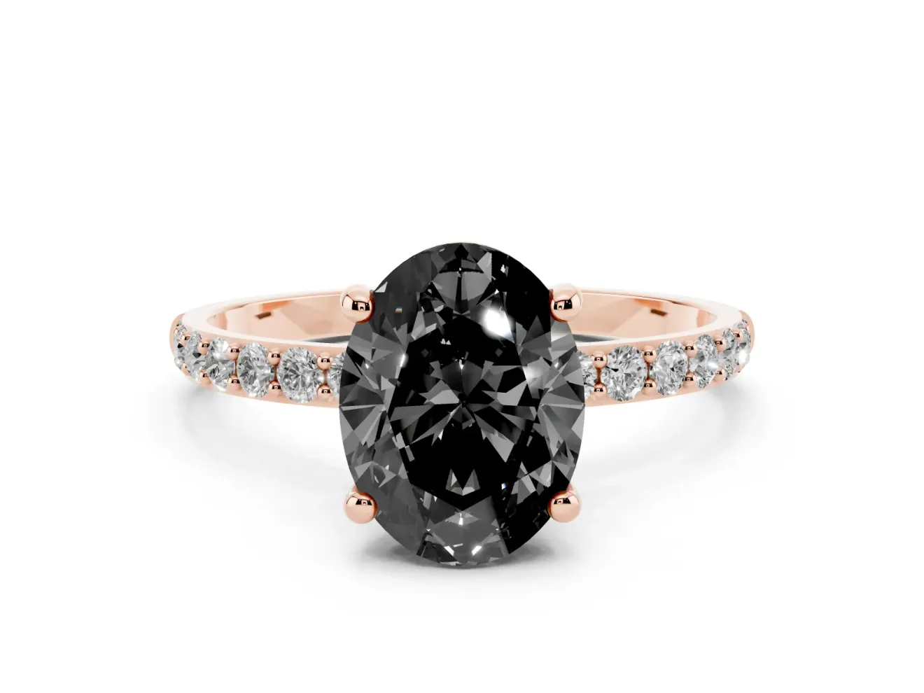 Fancy Black Oval Cut Diamond Solitaire Ring Set in Rose gold with Round Pavé Band and Prong Setting