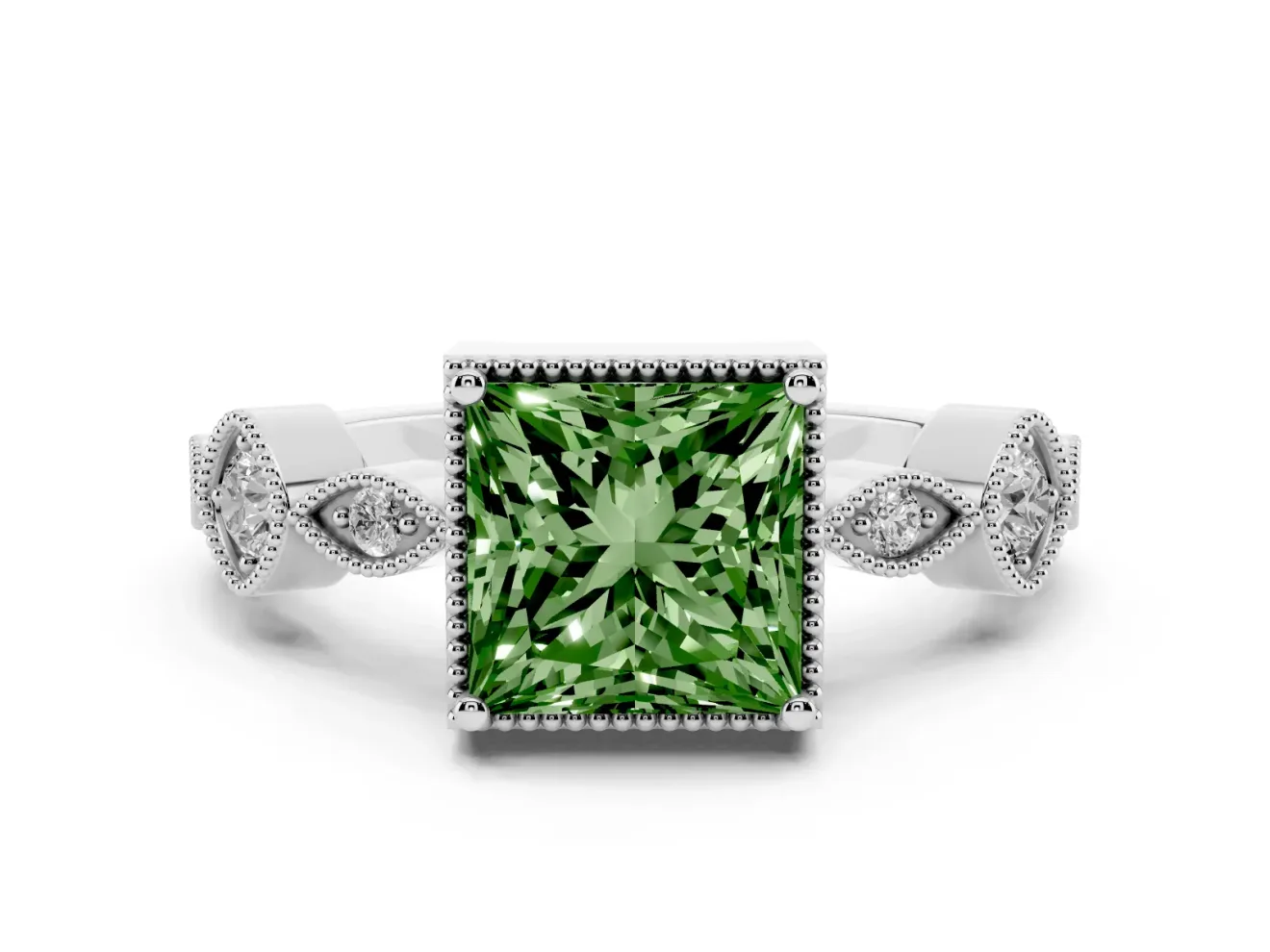 Fancy Green Princess Cut Diamond Vintage-Inspired Milgrain Ring Set in Platinum with Marquise Stations of Round Accents