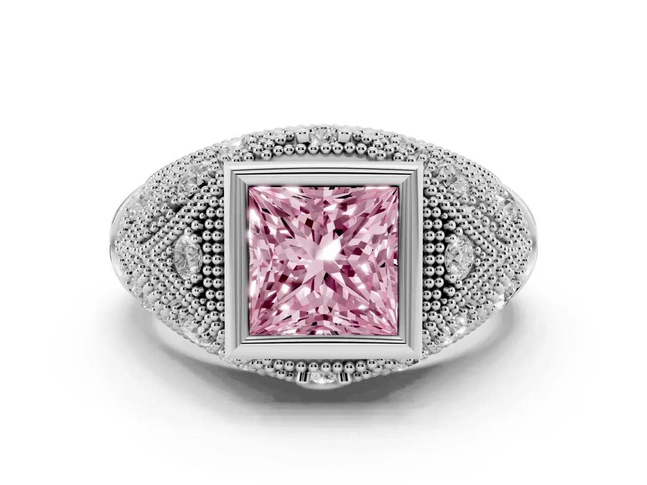 Fancy Pink Princess Cut Diamond Bezel Ring Set in White gold with Milgrain Accent Band
