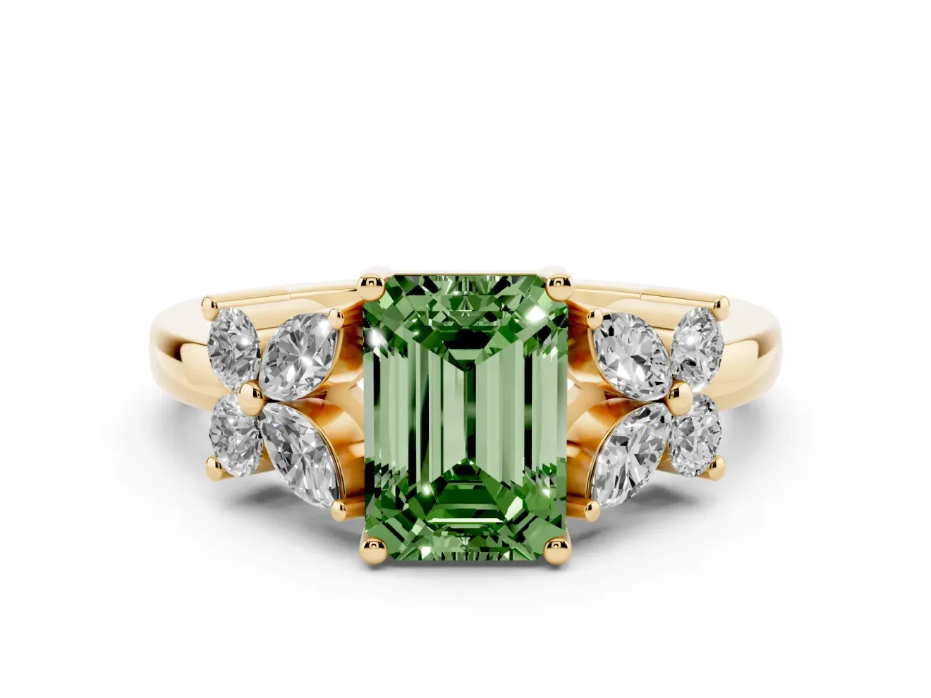 Fancy Green Emerald Cut Diamond Floral Cluster Ring Set in Yellow gold with Marquise Petals and Prong Setting