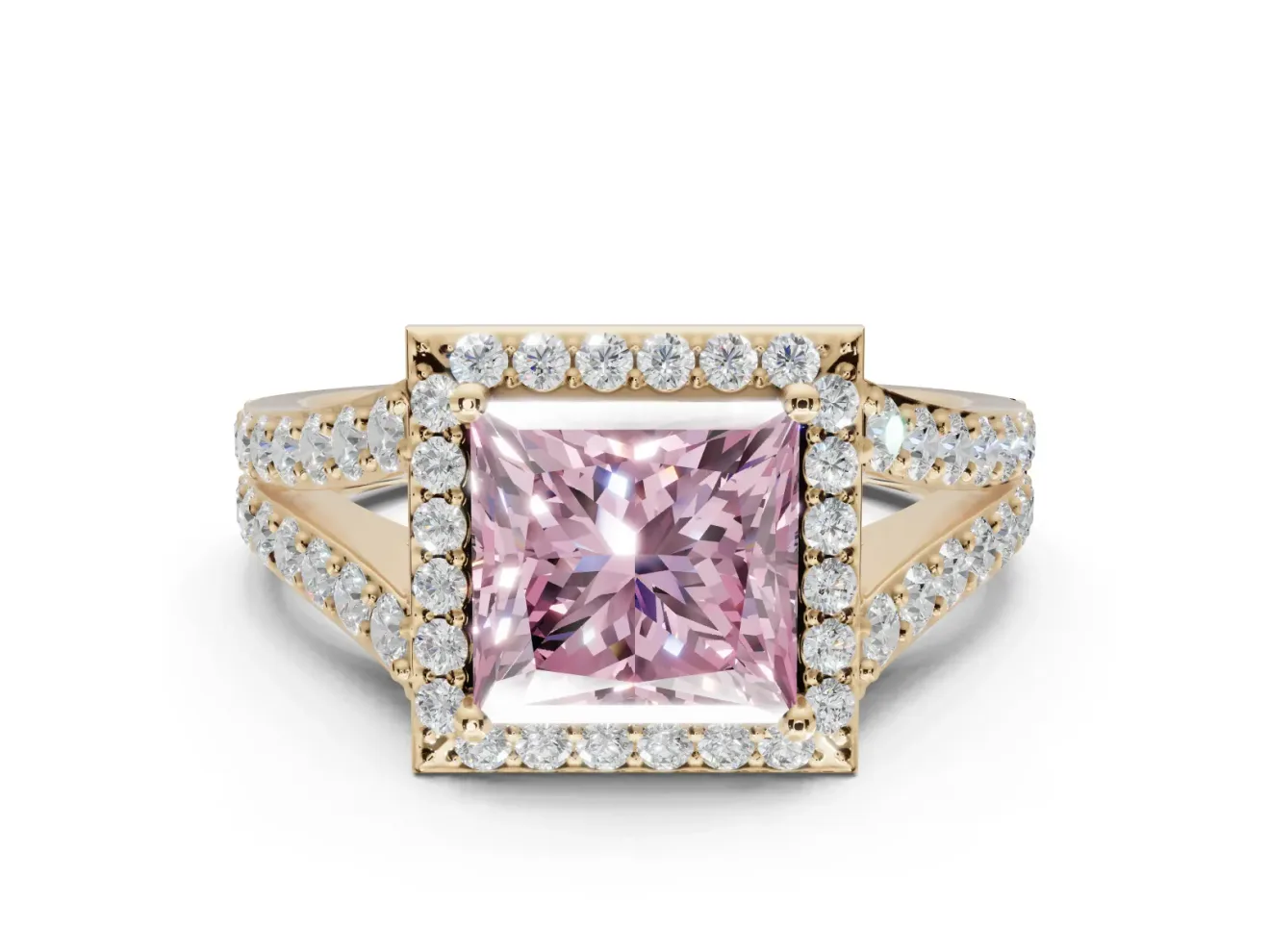 Princess Cut Halo Pavé Engagement Ring Setting for a Fancy Pink Lab-Grown Diamond | Narrow Split Shank | Yellow Gold