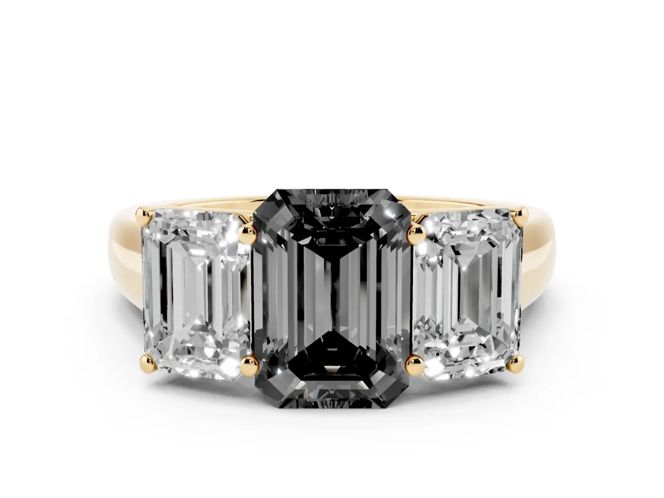 Emerald Cut Three Stone Engagement Ring Setting for a Black Center | Basket Prong Heads | Yellow Gold