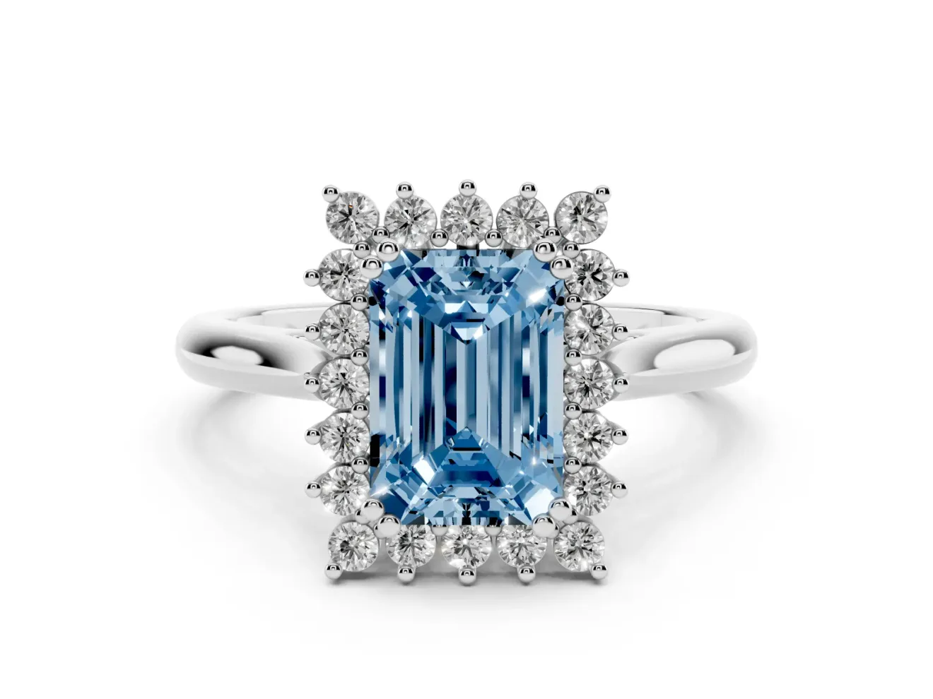 Fancy Blue Emerald Cut Diamond Halo Ring Set in Platinum with Plain Solitaire Band and Prong Setting
