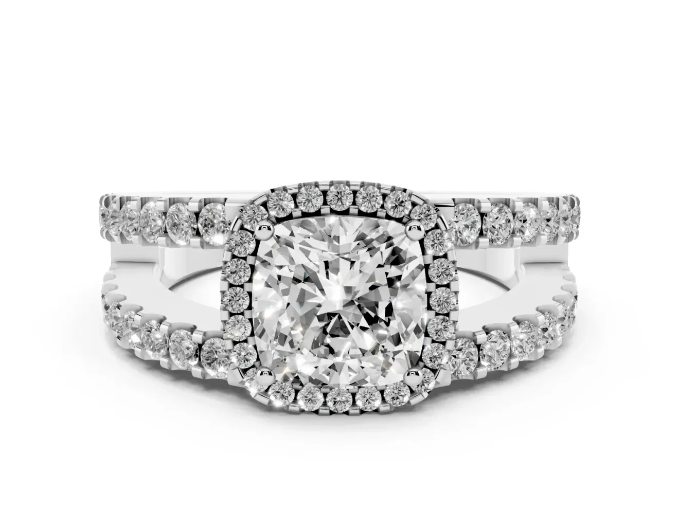 Cushion Cut Halo Split Shank Engagement Ring Setting | Pavé Strands | Platinum
