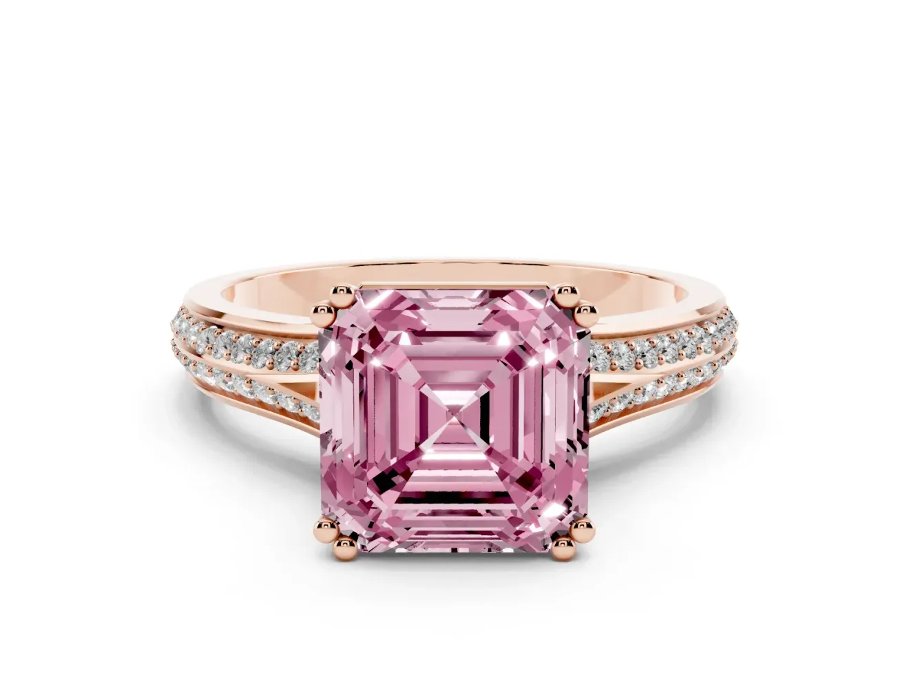 Asscher Cut Pave Split Shank Engagement Ring Setting for a Fancy Pink Lab-Grown Diamond | Double Claw Prongs | Rose Gold