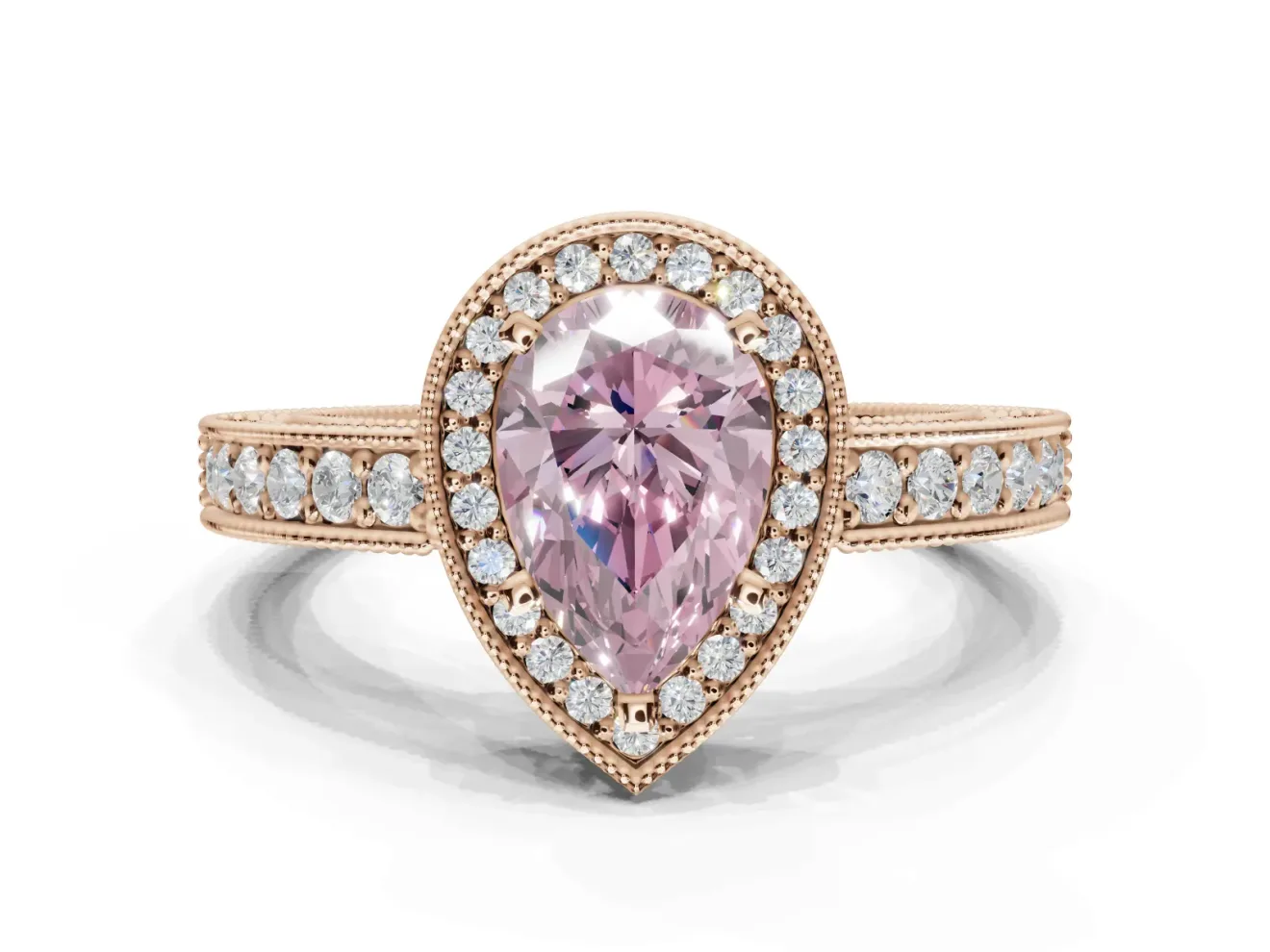 Pear-Shaped Milgrain Halo Engagement Ring Setting for a Fancy Pink Lab-Grown Diamond | Wide Pavé Band | Rose Gold