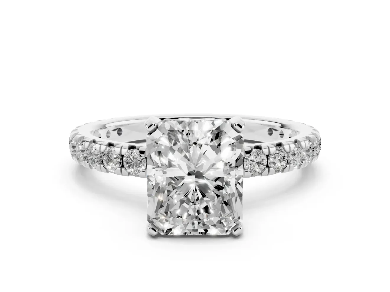 Radiant Cut Diamond Pavé Solitaire Ring Set in Platinum with Round Band and Prong Setting