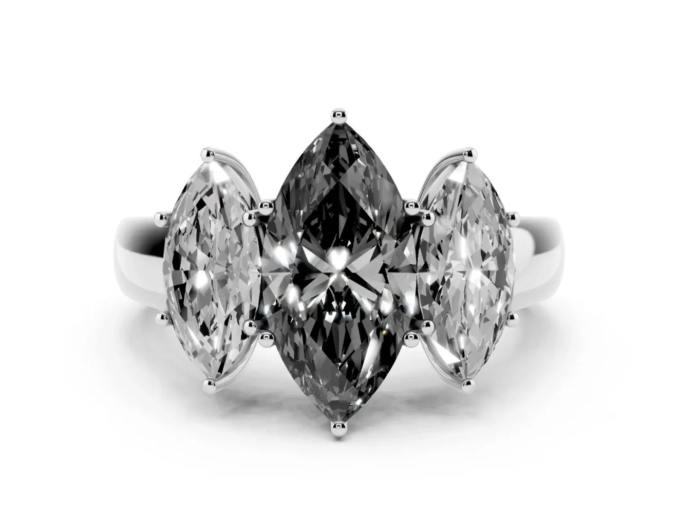 Fancy Black Three-Stone Marquise Cut Diamond Ring Set in White gold with Matching Prong Settings and Plain Band
