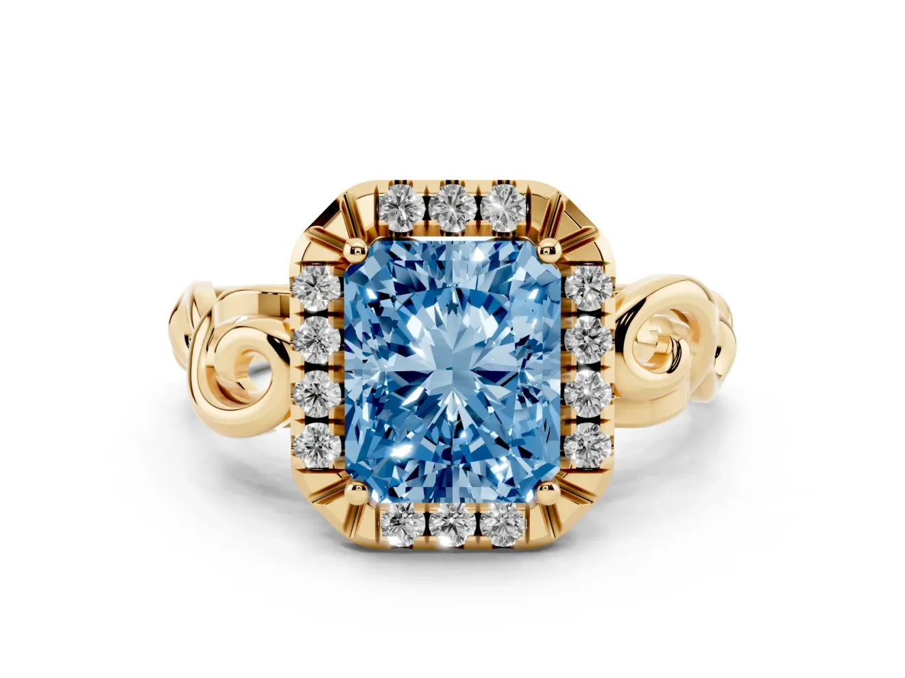 Fancy Blue Radiant Cut Diamond Halo Ring Set in Yellow gold with Scrollwork Band and Prong Setting