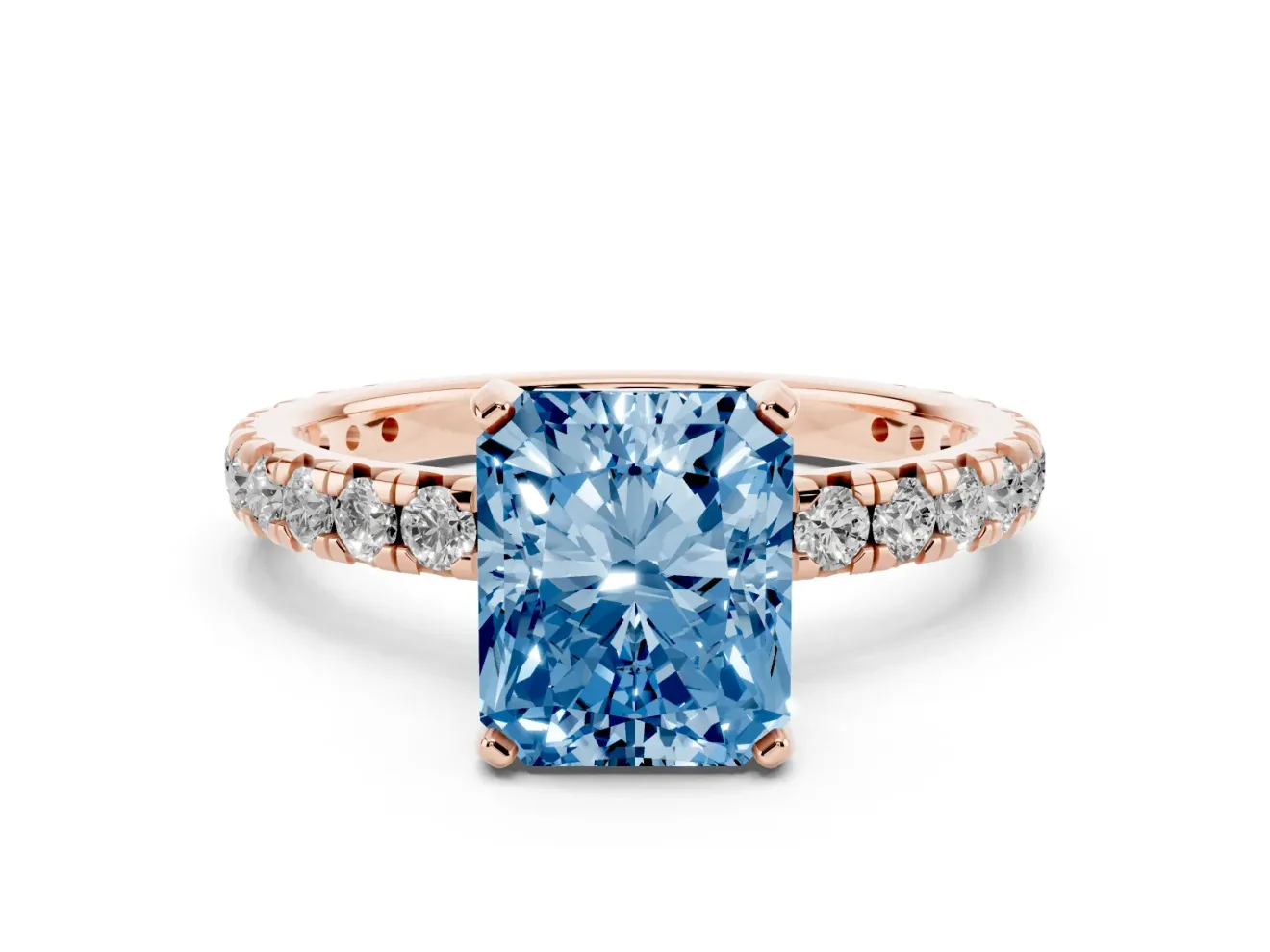 Fancy Blue Radiant Cut Diamond Pavé Solitaire Ring Set in Rose gold with Round Band and Prong Setting