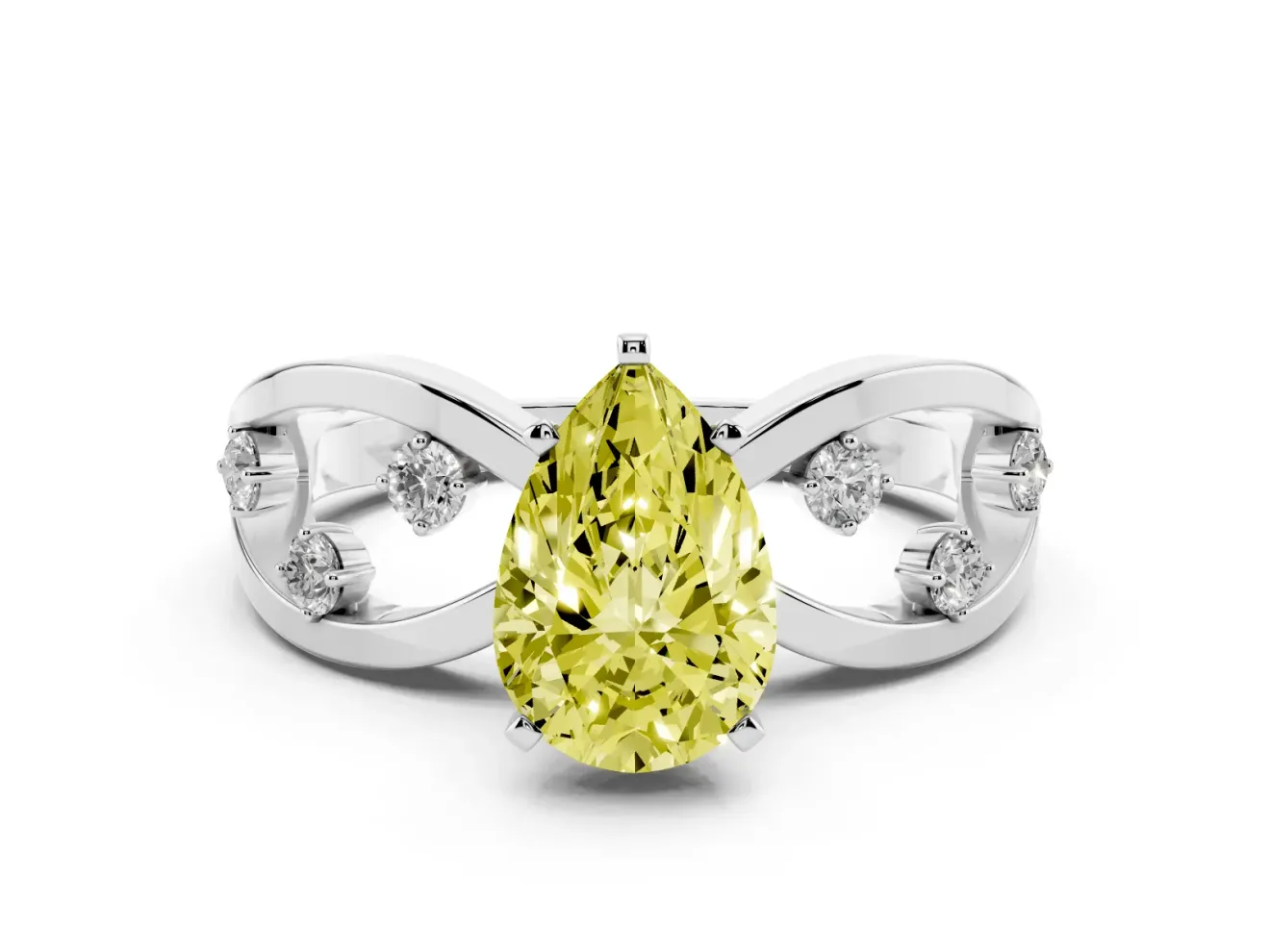 Fancy Yellow Pear Cut Diamond Solitaire Ring Set in White gold with Side Stones on Criss-Cross Band and Prong Setting