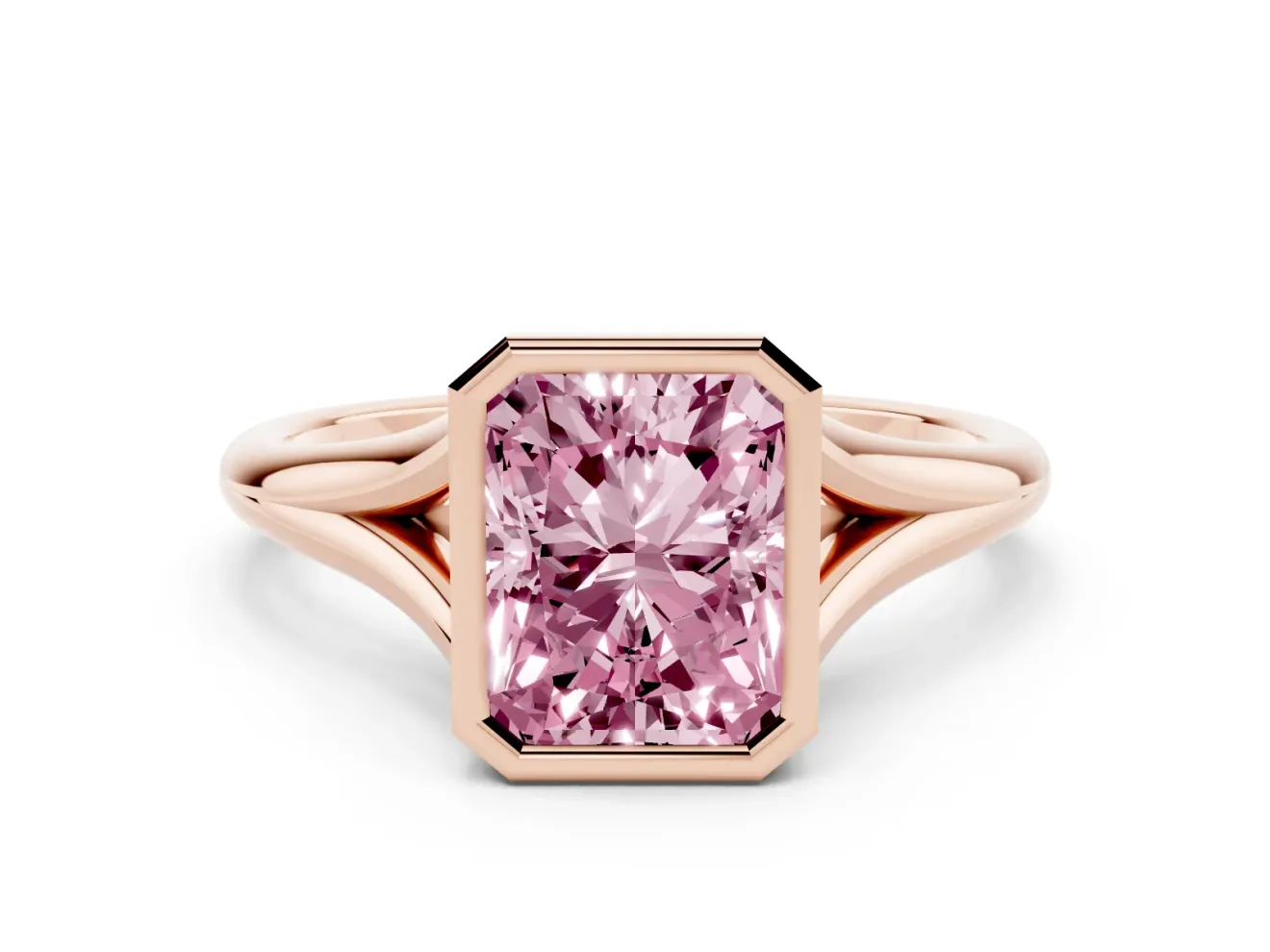 Fancy Pink Bezel Set Radiant Cut Diamond Solitaire Ring Set in Rose gold with Tapered Band