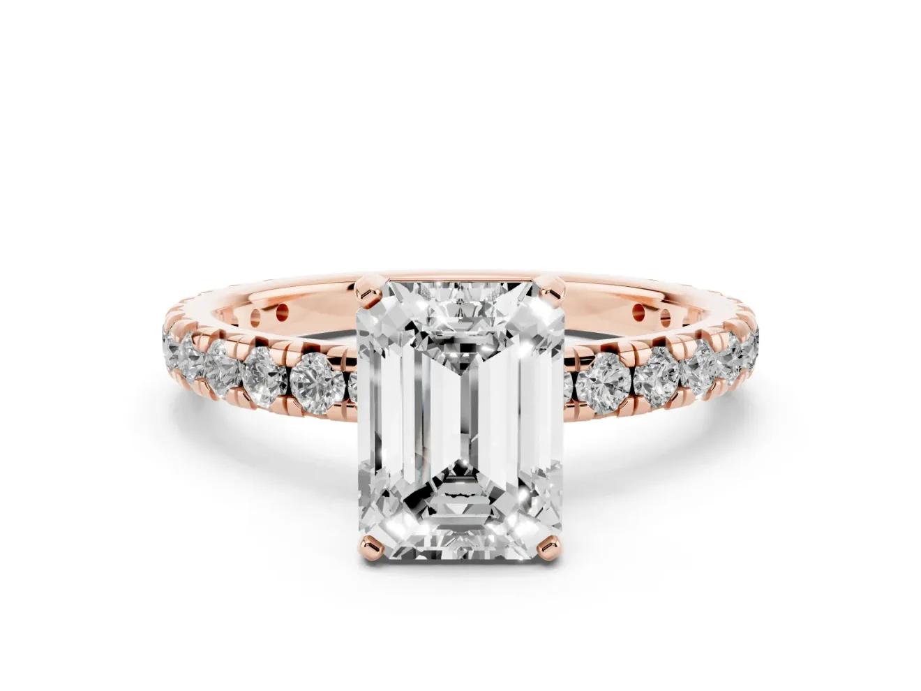 Emerald Cut Diamond Pavé Solitaire Ring Set in Rose gold with Round Band and Prong Setting