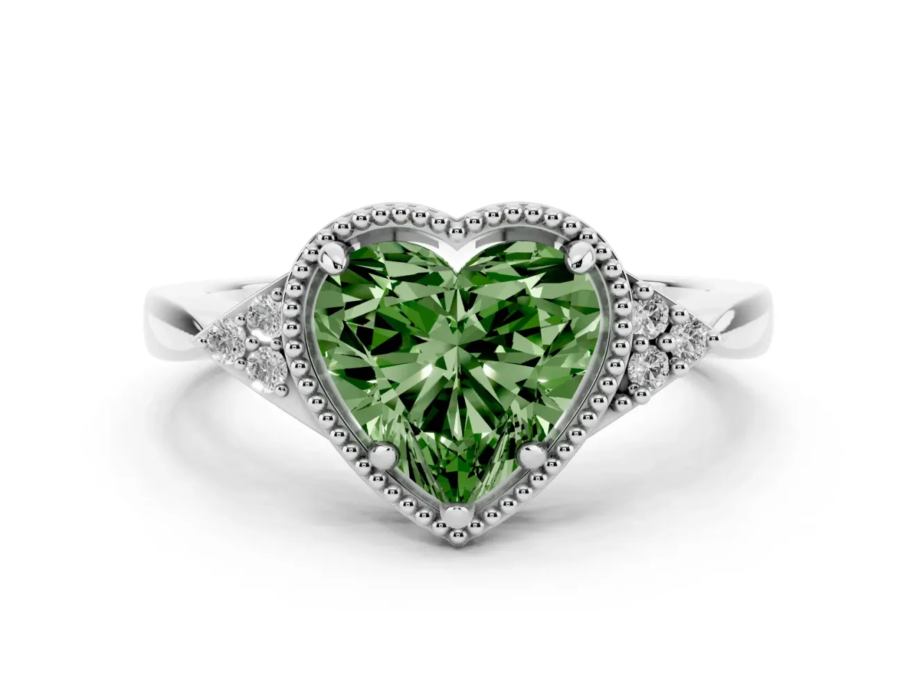 Fancy Green Heart Cut Diamond Milgrain Solitaire Ring Set in Silver with Tapered Pavé Band and Prong Setting