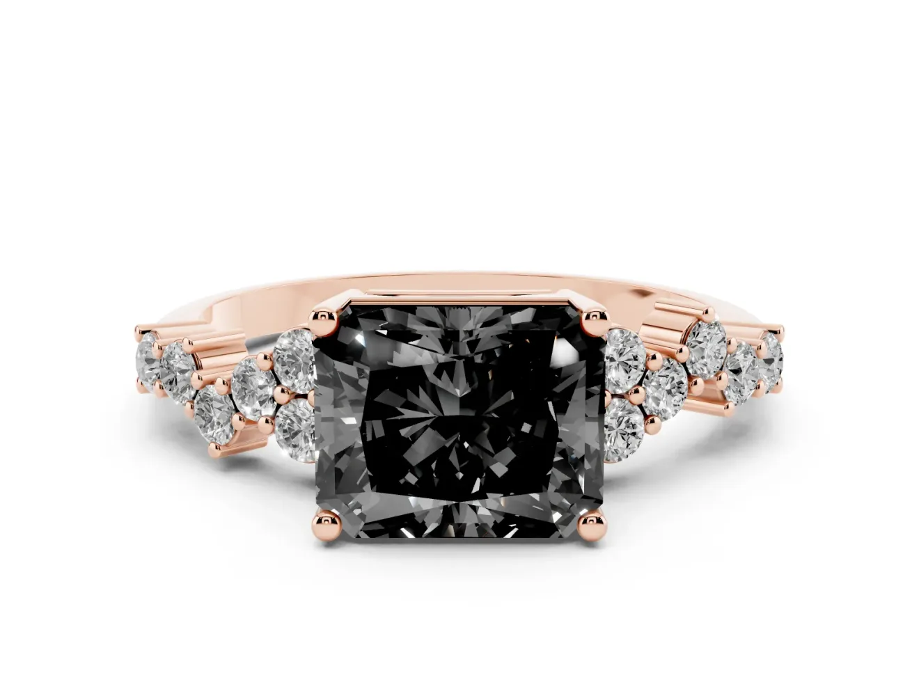 Radiant Cut Scattered Accent Engagement Ring Setting for a Black Center | Slim Band | Rose Gold