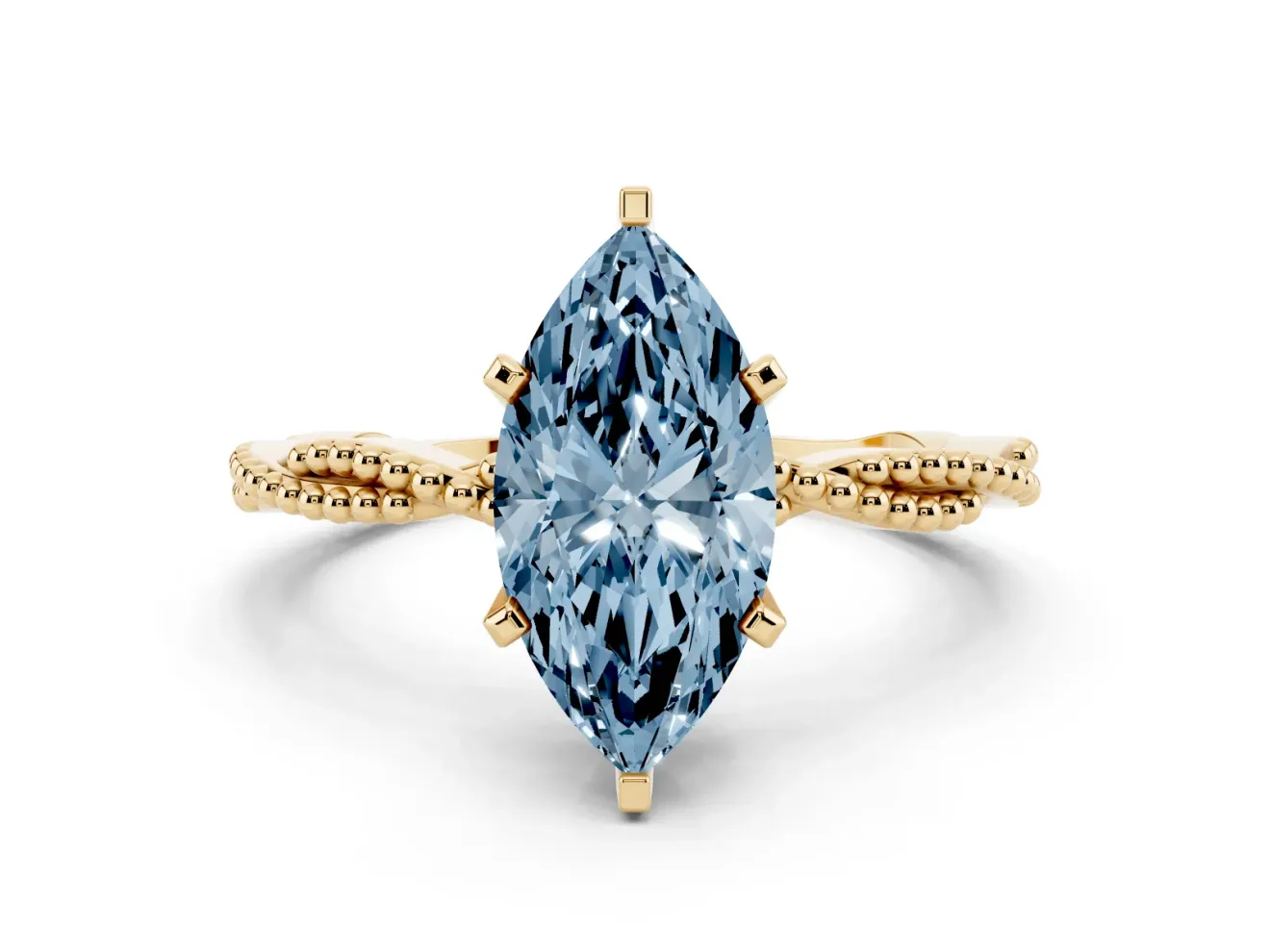 Fancy Blue Marquise Cut Diamond Solitaire Ring Set in Yellow gold with Twisted Band and Bead Prong Setting