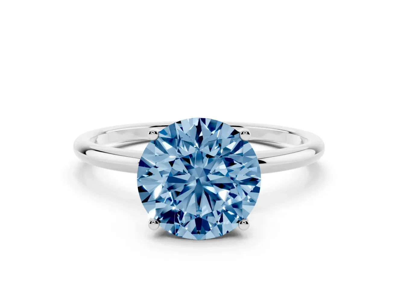 Fancy Blue Round Cut Diamond Solitaire Engagement Ring Set in White gold with Thin Band and Prong Setting