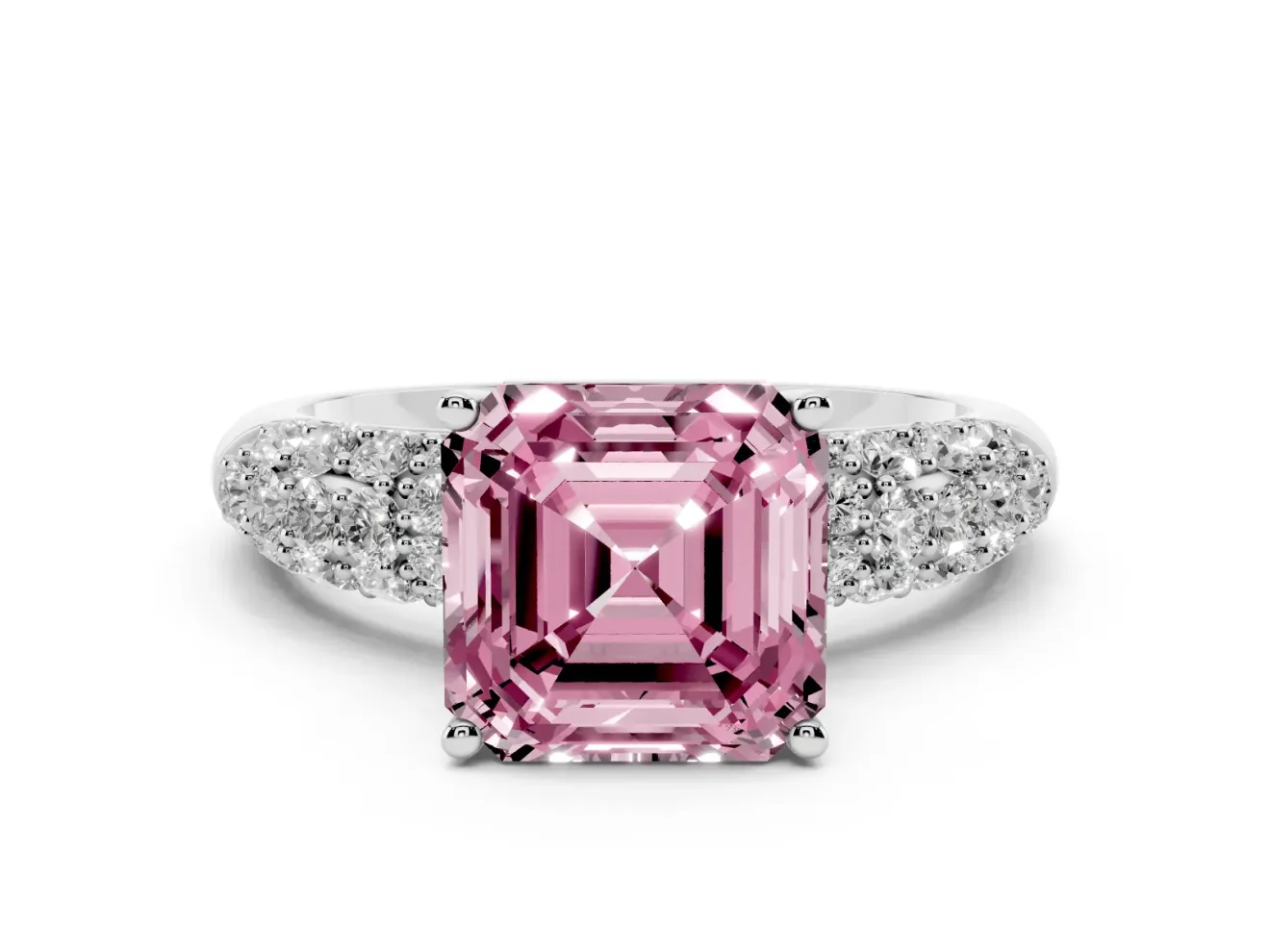 Asscher Cut Multi Row Pave Engagement Ring Setting for a Fancy Pink Lab-Grown Diamond | Platinum