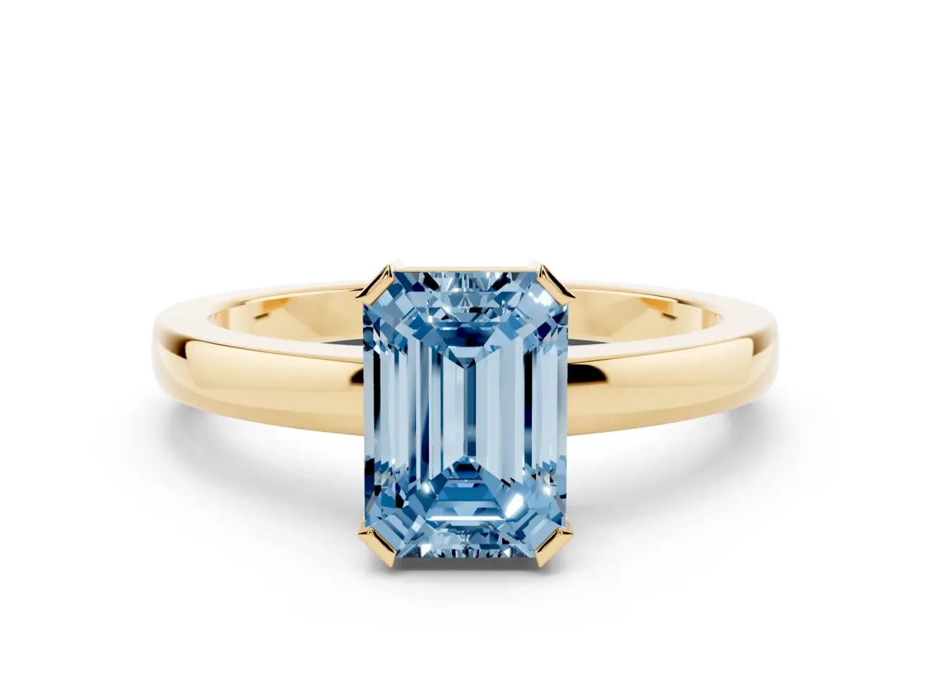 Fancy Blue Emerald Cut Diamond Solitaire Ring Set in Yellow gold with Prong Head and Smooth Polished Band