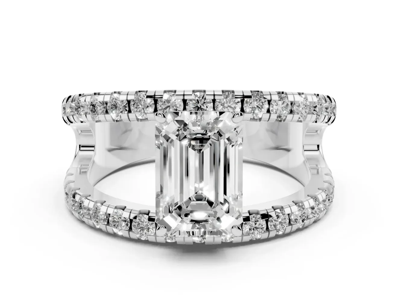 Emerald Cut Wide Open Split Shank Engagement Ring Setting | Pavé Strands | White Gold