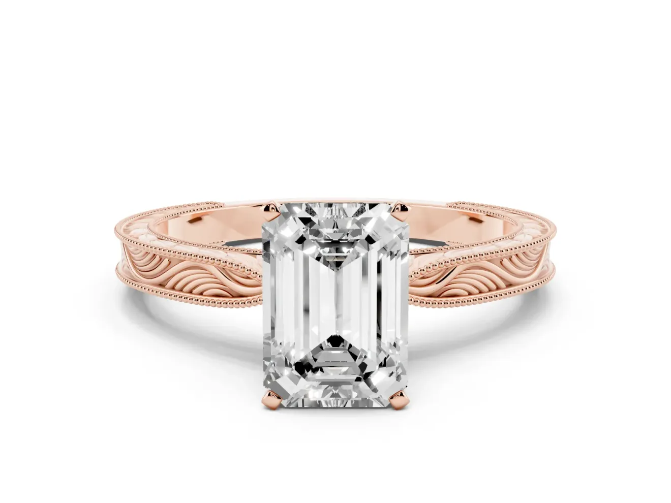 Emerald Cut Diamond Solitaire Milgrain Engraved Band Set in Rose gold with Prong Setting