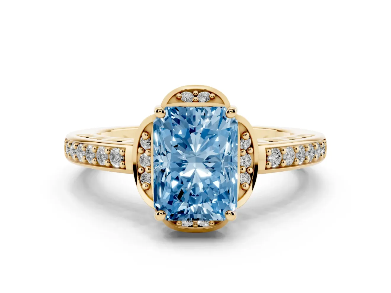 Radiant Cut Floral Pavé Engagement Ring Setting for a Fancy Blue Lab-Grown Diamond | Yellow Gold