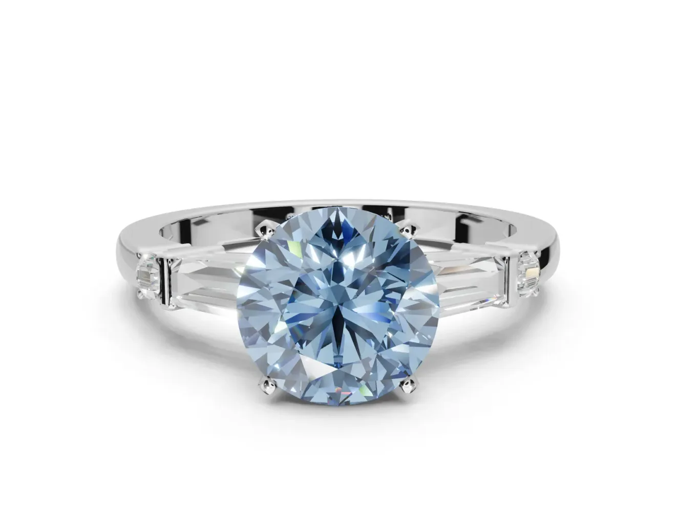 Round Tapered Baguette Engagement Ring Setting for a Fancy Blue Lab-Grown Diamond | White Gold