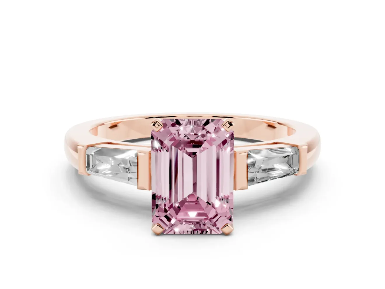 Fancy Pink Emerald Cut Diamond Solitaire Ring Set in Rose gold with Tapered Baguette Side Stones and Prong Setting