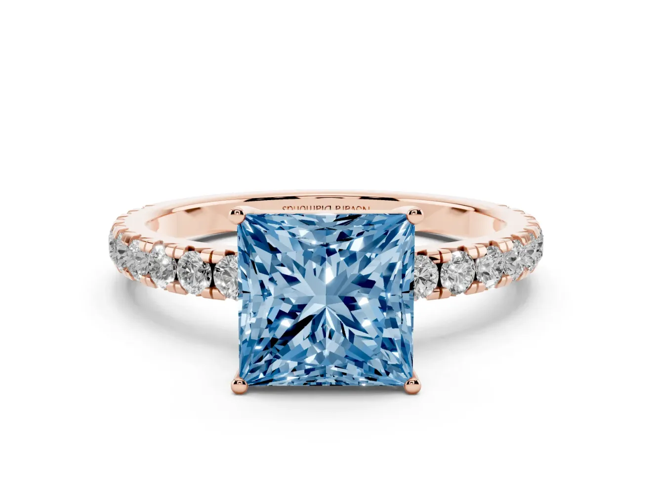 Princess Cut Pave Engagement Ring Setting for a Fancy Blue Lab-Grown Diamond | Shared Prong Band | Rose Gold
